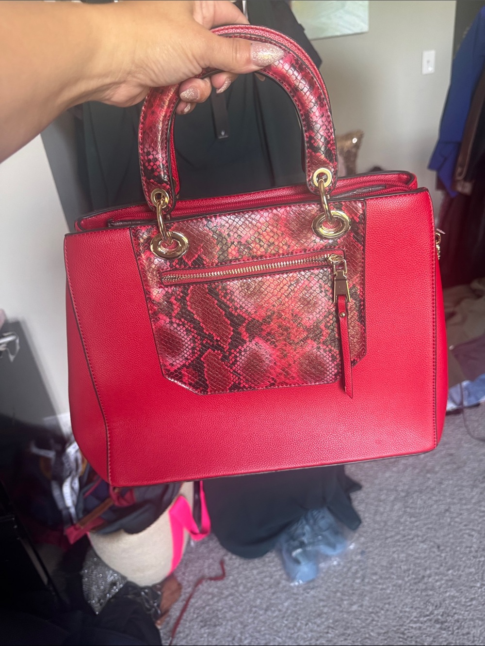 Red Snake-Print Top-Handle Satchel with Gold Hardware